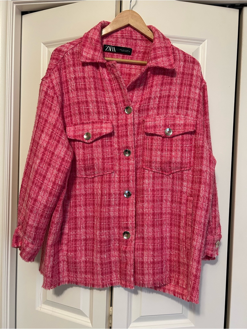 ZARA Pink Plaid Button-Up Shacket